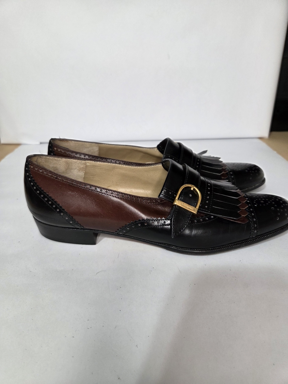 Vintage Salvatore Ferragamo Kiltie Monk Strap Loafers Black Burgudy Leather 7 4A - Picture 8 of 9